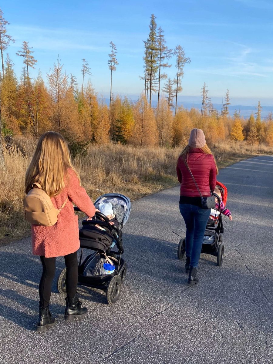 Hrebienok two girls walking with baby strollers